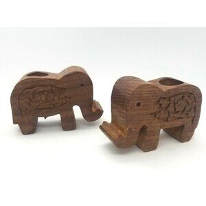 Boho Elephant Wood Candleholders Carved Floral Design Jungle Wildlife